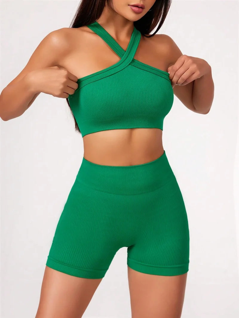 Conjunto de top con tiras y biker sin costuras
