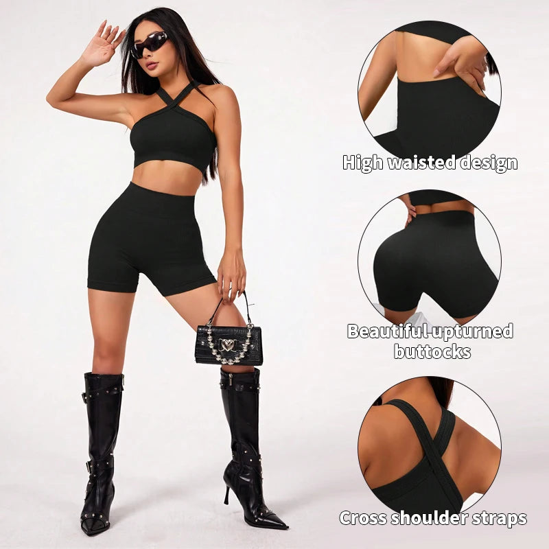 Conjunto de top con tiras y biker sin costuras