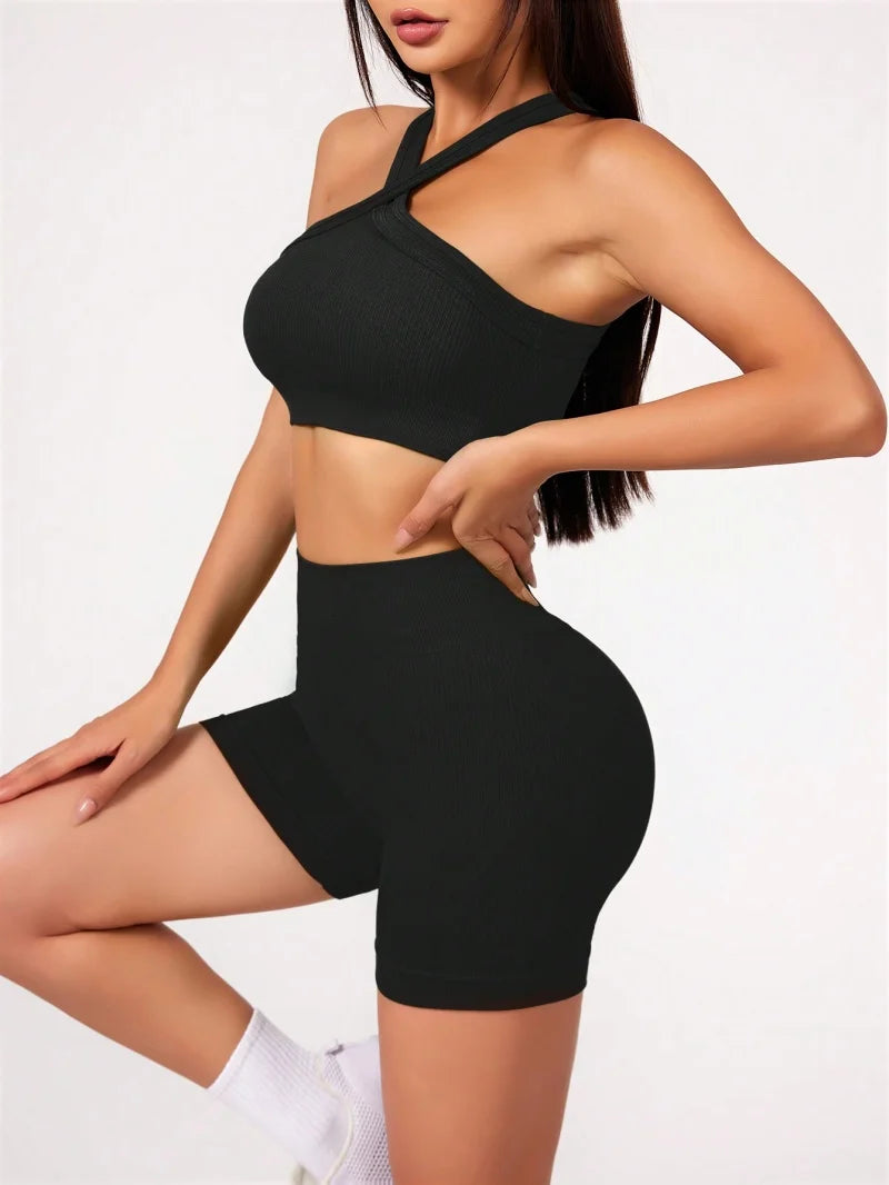 Conjunto de top con tiras y biker sin costuras