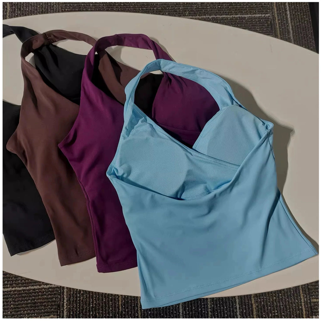 Top deportivo largo con escote en V y cuello halter