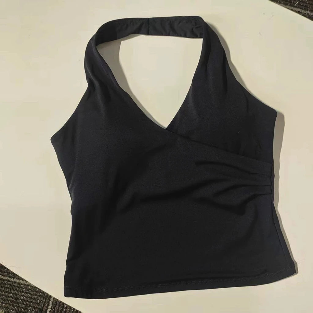 Top deportivo largo con escote en V y cuello halter